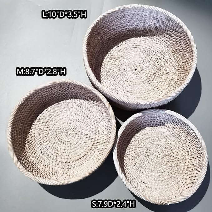 White Round Rattan Basket, Decorative Wicker Fruit Serving Bowl Tray with 4 Inch High Wall