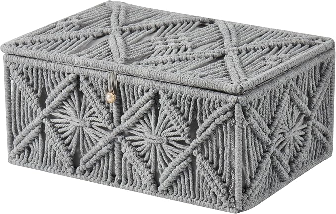 Decorative Boho Storage Baskets with Lid Bohemian Macrame Jewelry Box Handmade Natural Cotton Rope Woven Bins Memory Keepsake Photo Makeup Organizer Shelf Container (Gray, Large)