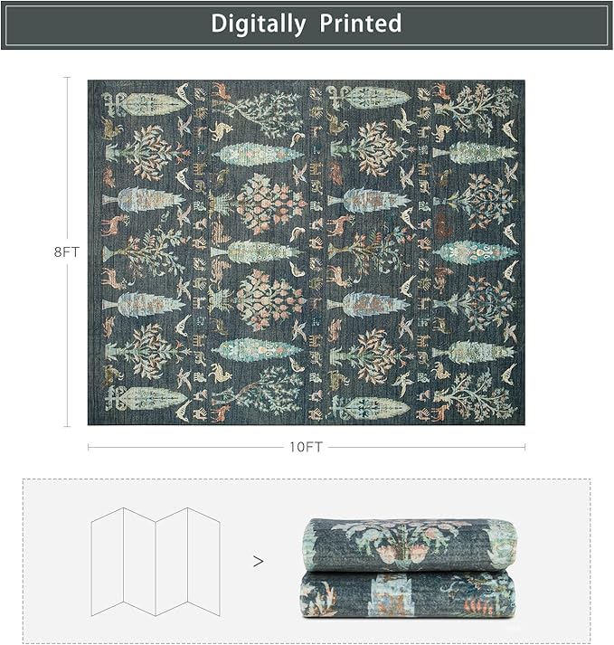 Srugn Washable Rugs 8x10 Area Rugs for Living Room,Bedroom,Dining Room- Large Ultra Soft Faux Wool Retro Carpet,Non Slip&Non-Shedding Low Pile Vintage Print Rug for Home Office Dorm-Dark Green