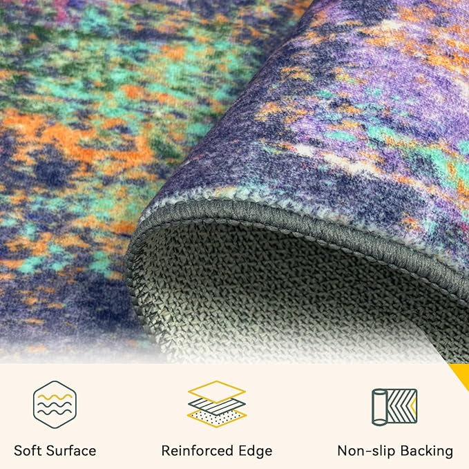 RELEANY Washable Area Rugs 10'x14 Non-Slip Modern Abstract Soft for Living Room Entryway Bedroom Nursery, Print Pattern, Purple Orange Blue Green Rust Red Colorful