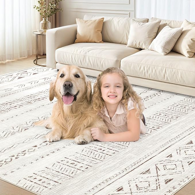 cotiled 5x8 Area Rug Living Room: Washable Boho Rugs with Non Slip Backing Large Soft Indoor Stain Resistant Carpet for Bedroom Farmhouse Dining Room Lightweight Home Decor L Brown/Cream