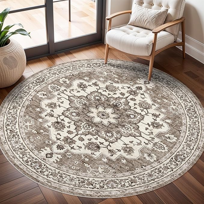 TOPRUUG Washable Oriental Area Rug - 4ft Round Rugs for Living Room Soft Carpet for Bedroom Waterproof Floral Distressed Indoor Stain Resistant Non-Shedding Floor Carpets (Beige, 4ft-Round)