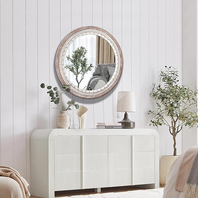 Reflinto 30 Inch Rustic Farmhouse Round Wood Mirror Wall Decor, Boho Circle Decorative Mirrors for Bathroom Over Sink, Bedroom, Living Room, Entryway, Foyer
