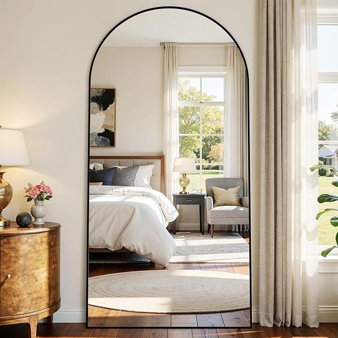 77"x38" Arched Full Length Mirror with Stand, Free Standing Leaning Wall Mounted Aluminum Alloy Frame Mirror for Bedroom Living Room Cloakroom, Black