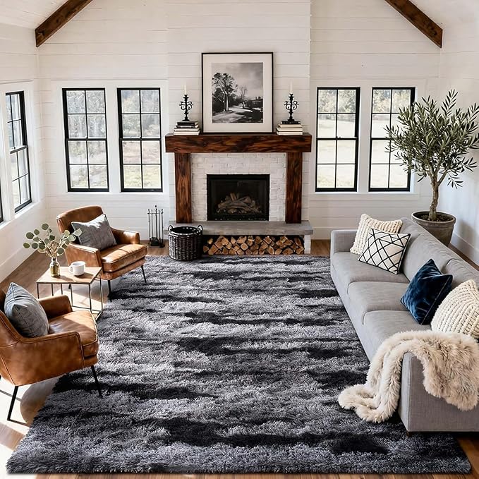 9x12 Ft Extra Large Shag Rugs for Living Room, Ultra Soft Fluffy Furry Area Rugs for Bedroom Indoor Floor, Aesthetic Carpet for Kids Home Decor (Black)