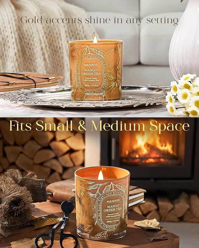 M&SENSE Mango Green Tea Scented Candle, Soy Wax Candle Non-Toxic Clean Burn, Fresh Clean Fruit Aroma, 55 Hours Long Burning 10.3oz, Home Fragrance Home Decor Gifts for Women