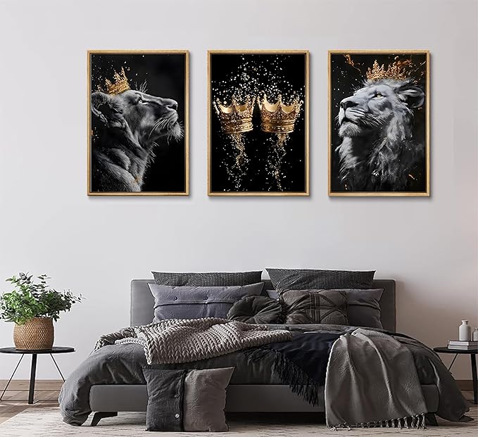 3 Pieces Lion Canvas Wall Art Golden crown with lion Poster print Modern Motivational Black And White Lion Pictures Wall Decor for Living room Office Decoration Unframed