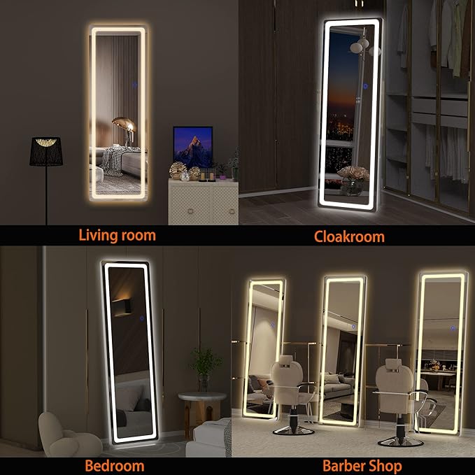 Hasipu Full Length Mirror with Lights, 56" x 20" LED Floor, Full Body Dressing Standing, Hanging Mounted Mirror, Round White