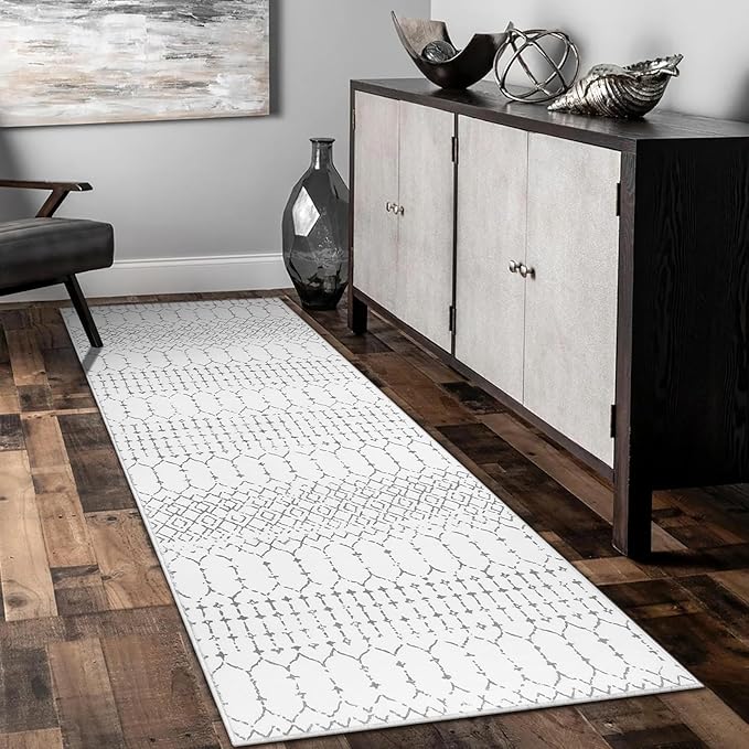 Lahome Moroccan Kitchen Runner Rug - 2x8 Non-Slip Washable Hallway Rug Runner Ultra-Thin Soft Throw Bathroom White Print Distressed Carpet for Entryway Laundry Room Living Room Hana