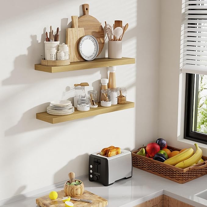 Acovy 30 Inch Floating Shelves, 8 Inch Deep Floating Shelves for Wall, Hanging Shelf with Invisible Brackets, Deep Shelves for Bathroom, Bedroom, Living Room, Oak, Set of 2