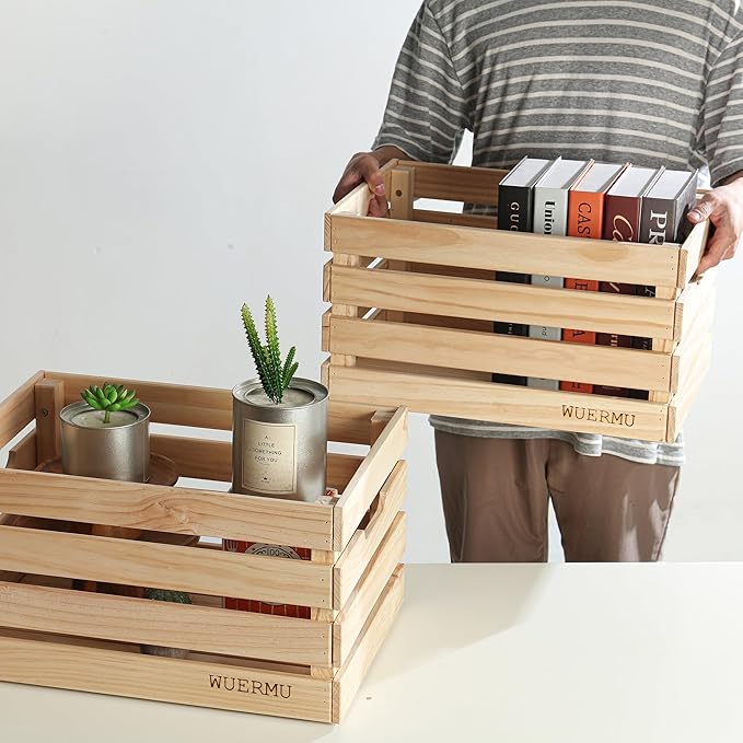 Wooden Crates are Suitable for Storage, Milk crates, Wine Crates, Toy Crates, Display and Decoration, Camping, and Other Purposes. They are Sturdy and Durable, set of 2 Length of 17.7 inches.