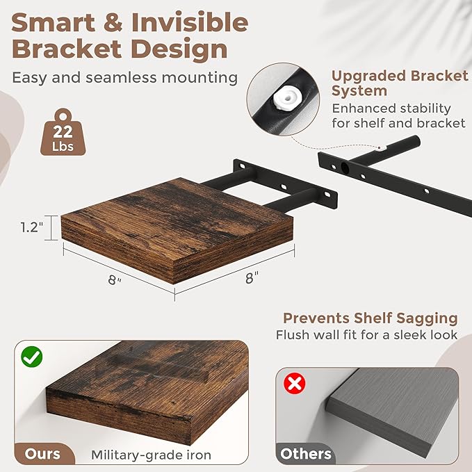 8 Inch Floating Shelves for Wall with Invisible Brackets Set of 3, 8"D Engineered Wood Wall Shelves with Wood Grain for Living Room, Bedroom, Bathroom, Kitchen Decor and Storage, Rustic Brown