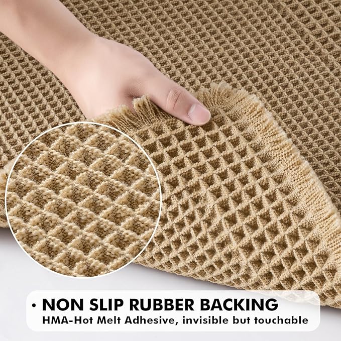 MIULEE Set of 2 Waffle Bathroom Rugs, Boho Bath Rug Super Absorbent, Non Slip Washable Ultra Soft Rubber Backed Shower Bath Mats for Floor, Tub, Shower, Bordered Design, Brown, 17"x24"+18"x30"