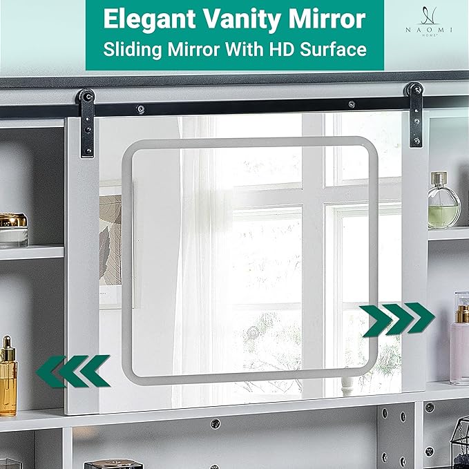 Naomi Home 47" Farmhouse Makeup Vanity with Sliding Mirror, Glass Top Organizer, 3-Color LED Lights, Charging Station, 5 Drawers, 2 Cabinets & Stool – White Dressing Table