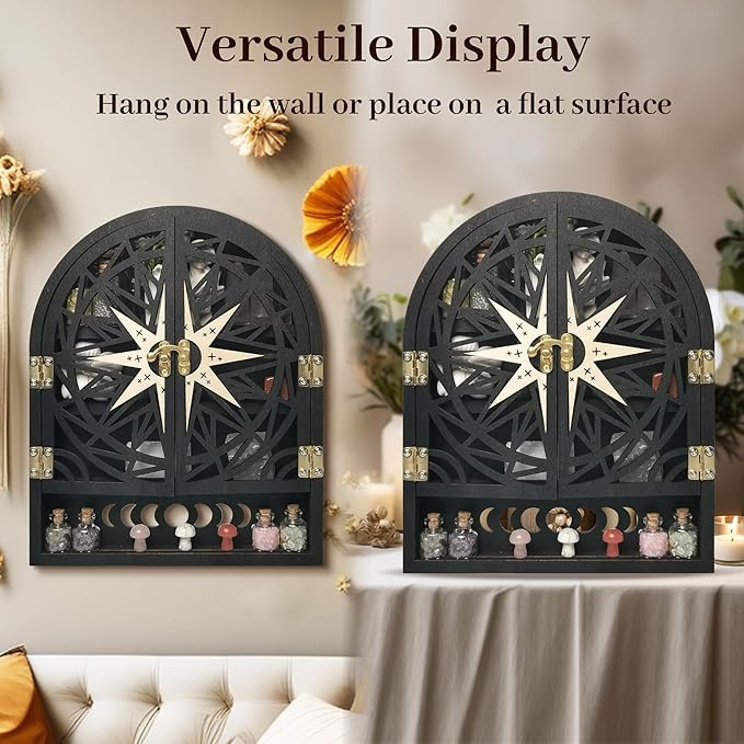 Crystal Display Shelf for Wall, Crescent Moon Phase Wall Shelf Decor, Wooden Storage Organizer for Stones Collection Essential Oil Display, Arch Crystal Holder Shelf for Meditation Room