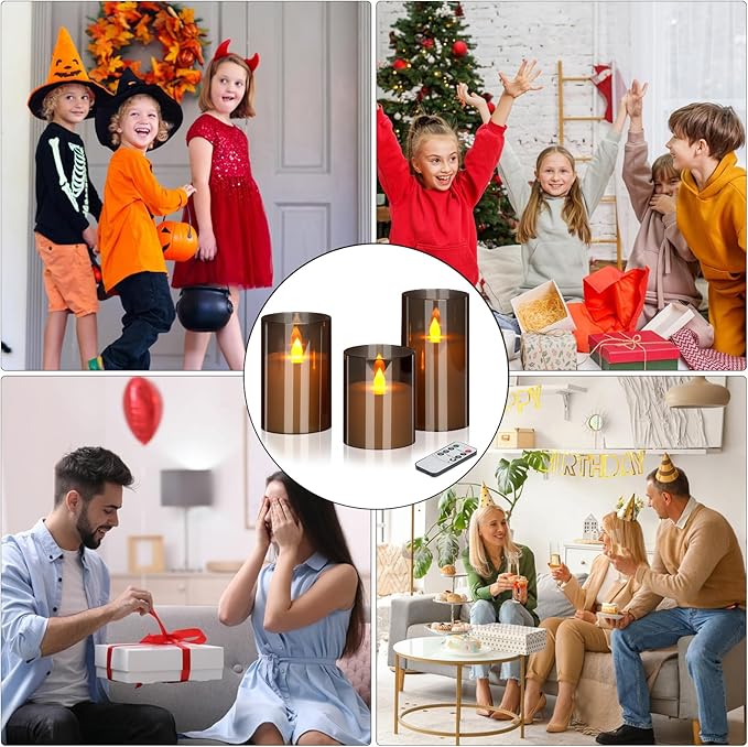 wemarry Flameless Candles 4" 5" 6" Acrylic Glass Pillars 3" Diameter Battery Operated Flickering Candles Include 8-Key Remote with Timer Function 400+ Hours (Gray, Warm Light 12 Pack)