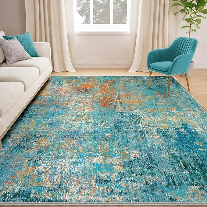 RELEANY Washable Area Rugs 7'x9' Non-Slip Modern Abstract Soft for Living Room Entryway Bedroom Nursery, Print Pattern, Teal Blue Green Orange Rust Red Coloreful