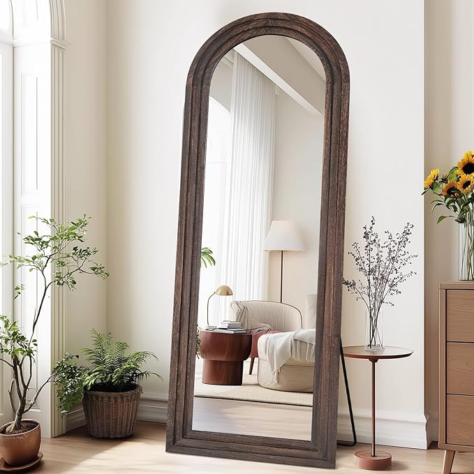 65"x22" Arched Floor Mirror, Solid Wood Full Length Mirror - Free Standing & Wall Mounted - Elegant Design for Bedroom, Dressing Room, Hallway, Brown