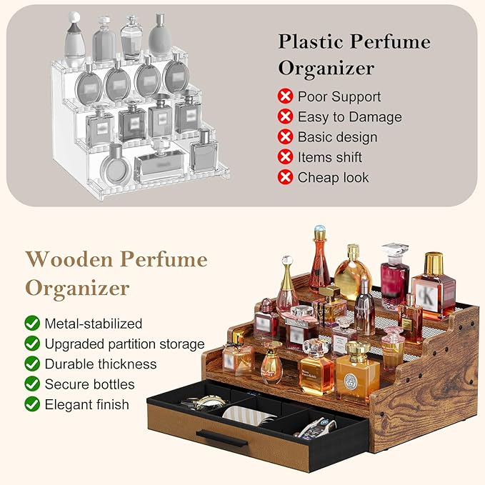 4 Tier Cologne Organizer for Men, Wooden Perfume Organizer with Drawer Storage, Perfume Display Shelf for Cologne, Watch, Grooming and Figures, Perfect Birthday/Easter Gift for Lovers & Fathers