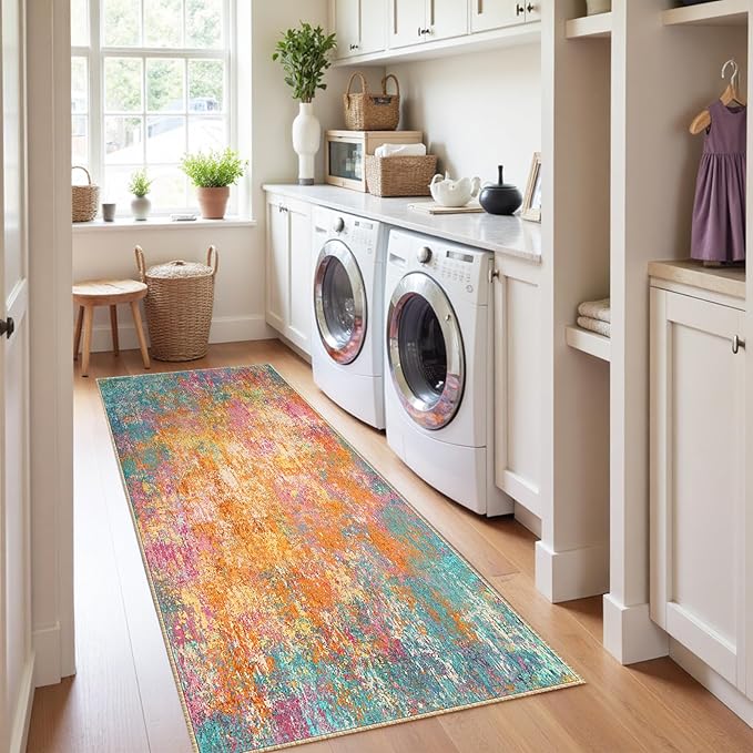 RELEANY Washable Area Rugs 2'x8' Non-Slip Modern Abstract Soft for Living Room Entryway Bedroom Nursery, Print Pattern, Orange Blue Pink Yellow Colorful