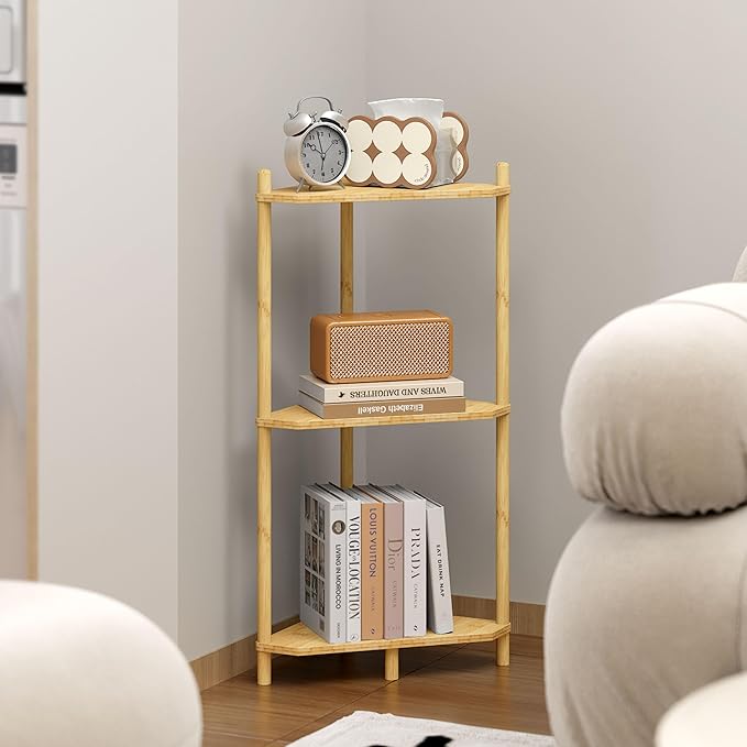 Corner Shelf Stand - 3 Tier Bamboo Small Corner Bookshelf for Office Kitchen Bedroom Plant Stand Living Room Decor Small Space (Natural，3 Tier)