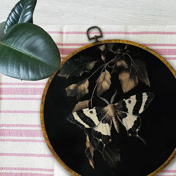 Mcehtle Vintage Butterfly Wall Art Decor, Dark Moody Cottagecore Moth Insect Botany Framed Canvas Prints 10x10, Neutral Farmhouse Round Wall Hanging Artwork Decorations for Gallery Living Room