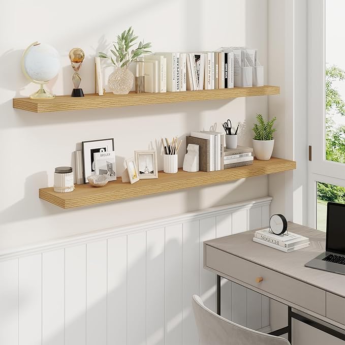 Fun Memories 55 Inch Fireplace Mantel Shelf, 9.3" Deep Floating Shelves for Wall, Long Wall Mounted Farmhouse Display Shelves with Invisible Heavy Duty Metal Bracket, Oak, 2 Pack