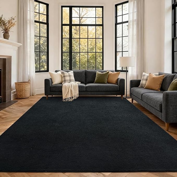 FinRèc 6x9 Washable Area Rugs for Bedroom Living Room, Low Pile Thin Rug Solid Color, Non-Slip Carpet Indoor for Home Decor (Pure Black)