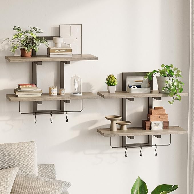 Creso hom Floating Shelves, 15" Wall Shelf Set of 2, Hanging Bathroom Shelves 2-Tier, Wall Mounted Storage Shelves, for Living Room Bedroom Bathroom Kitchen Office Coffee Bar, Greige