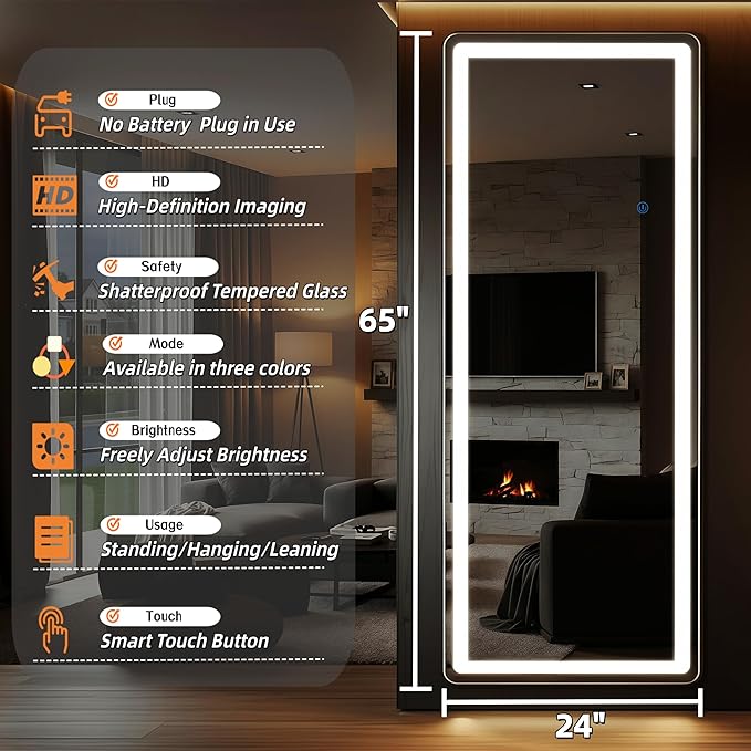 Full Length Mirror with LED Lights 65"x24"Rectangle Full body mirror with Stand Aluminum Alloy Frame, Tempered Glass Floor Mirror with Dimming&3 Color Lighting for Bedroom Dressing Room Silver