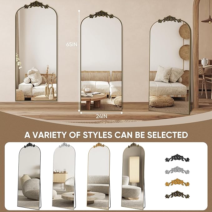Antok Arched Full Length Mirror, 65"x24" Floor Mirror with Carved, Full Body Mirrors for HomeDecor, Standing/Halling Large Wall Mirror for Bedroom, Living Room, Cloakroom, Bronze, Retro Style