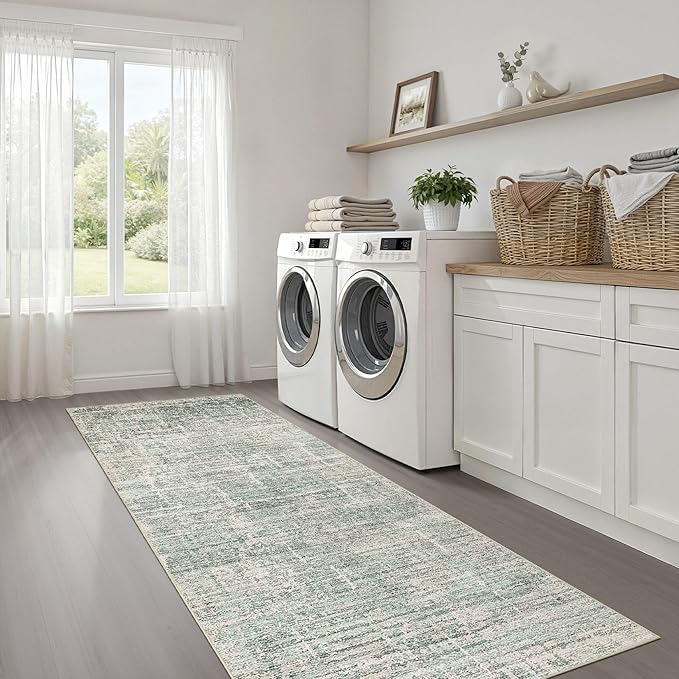 Runner Rug Non-Slip Kitchen Rug: 3x10 Washable Abstract Modern Soft Stain Resistant Indoor Floor Neutral Accent Throw Carpet for Hallway Bathroom Laundry Room Bedroom Entryway- Green