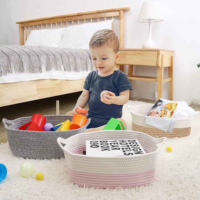 ABenkle Small Storage Basket with Handles, Cotton Rope Woven Dog Cat Toy Bin, Decorative Shelves Closet Organizing for Nursery Laundry Bedroom Bathroom, 14.2''x 11''x 5.1''