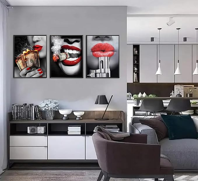 3pcs American Girl Money Wall Art Women Red Lips High Fashion Canvas Prints Posters Trend Black and White Wall Decor Beauty Fashion Abstract Paintings Suitable for Bedroom Living Room Bar Cart Restaurant Wall Decor Unframed