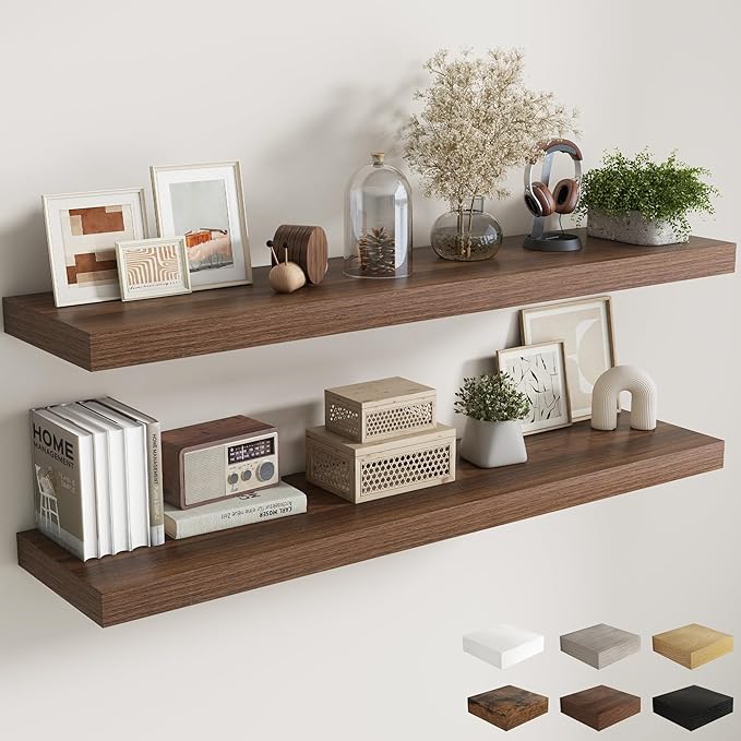 Fun Memories 12 Inch Deep Floating Shelves, 60 Inch Long Extra Large Floating Shelves for Home & Office, Wall Shelves with Invisible Bracket, Walnut, Set of 2