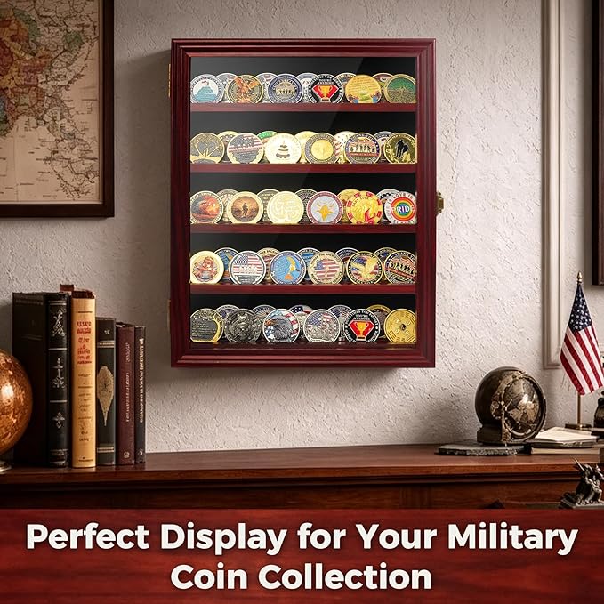 ASmileIndeep Military Challenge Coin Display Case Holder with HD Toughened Glass and Wall Mount, Wooden Coin Stand Rack with Removable 2 Grooves Shelves, Mahogany Finish…