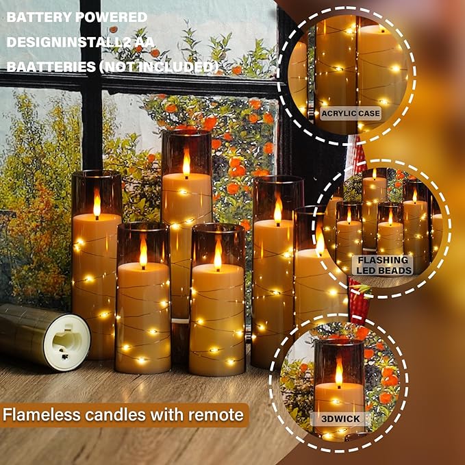 Nimiko Flickering Flameless LED Candles,Battery Operated Candles 24 Pcs with Embedded Star String,Acrylic LED Pillar Candles with Remote,Suitable for Home Decoration to Create an Atmosphere (Grey)