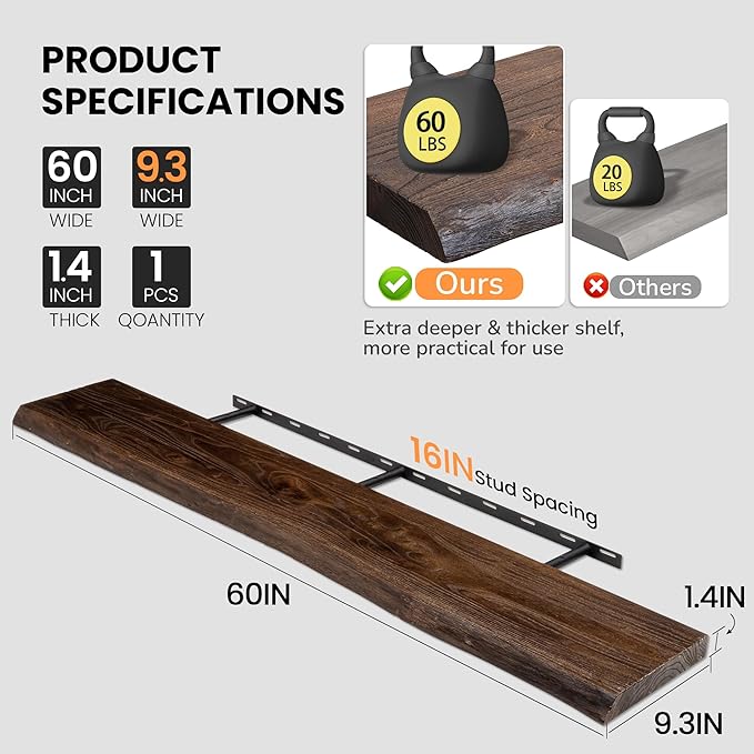 Fun Memories Floating Shelves for Wall, 60"x9.3" Rustic Solid Live-Edge Elm Wood Wall Shelves, Heavy-Duty Floating Shelves with Invisible Brackets for Living Room, Bedroom, and Kitchen, Walnut Finish