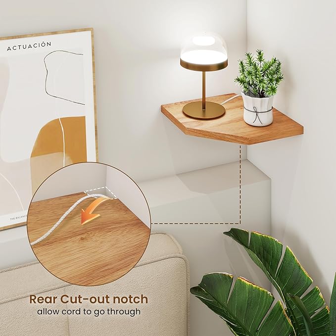 Fun Memories Corner Shelf Wall Mount, Solid Oak Wood Floating Corner Shelves with Cable Hole, 8.5in Rustic Design for Bedroom, Bathroom, Kitchen, Living Room (Natural, 1 Pack)