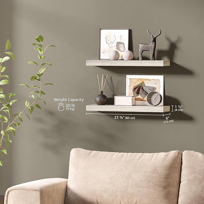 Ballucci Floating Shelves, 24" Wood Wall Shelf Set of 2, with Invisible Brackets for Bathroom, Living Room, Bedroom, Kitchen, Nursery, 6" Deep, Rustic Gray