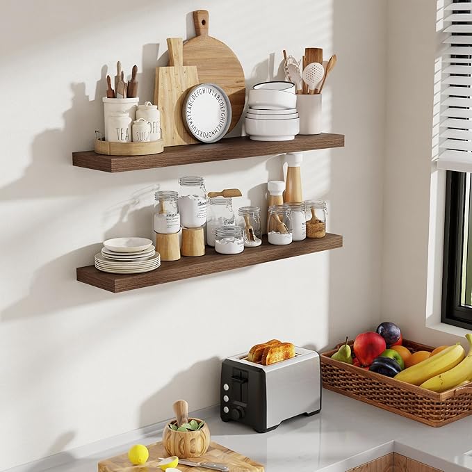 Acovy 36 Inch Floating Shelves, 8 Inch Deep Floating Shelves for Wall, Hanging Shelf with Invisible Brackets, Deep Shelves for Bathroom, Bedroom, Living Room, Walnut, Set of 2