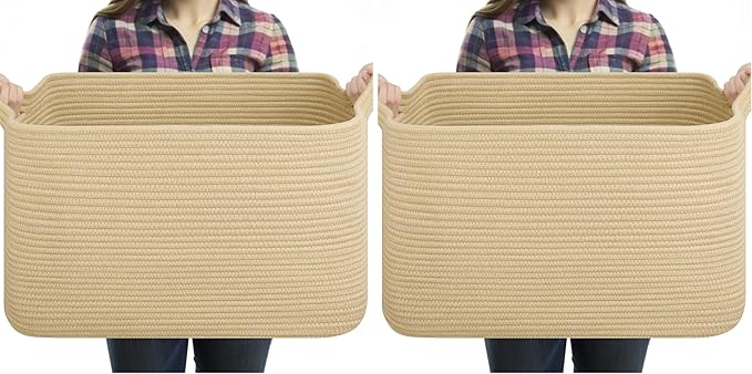 OIASKET Large Blanket Basket, Jute Blanket Storage Living Room, Rectangle Woven Baskets for Storage Toys, Towels, Dirty Clothes Organizer Bins (Jute) (Pack of 2)