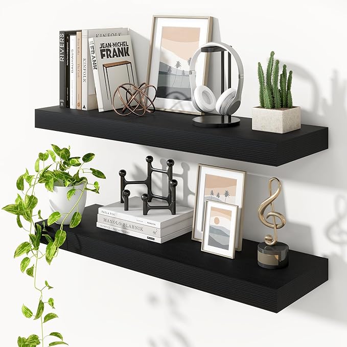 Heimlove 36 Inch Floating Shelves for Wall,Thicker and Deeper Wall Shelves Mounted Storage & Display Wood Shelf,Hanging Shelf for Bedroom Living Room Kitchen Office,Set of 2,Black