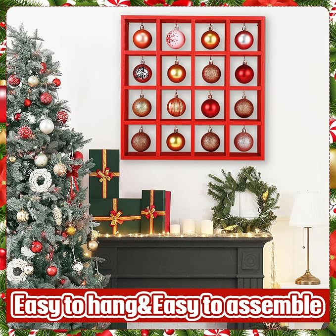 Cinnvoice Christmas Holiday Ornament Displays Rack Wooden Hanging Stand Holder Hanger for Christmas Ball Display Shelf Cabinet for Craft DIY Wall Decorations Gift(Red,16 Compartment)