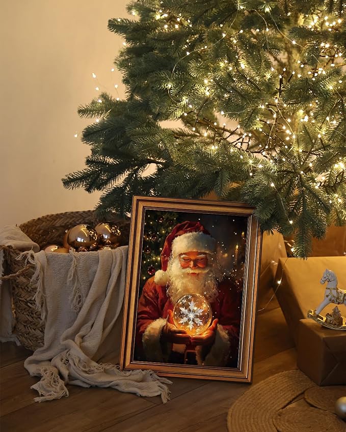 Bzstyleart Vintage Wall Art Decor, Vintage Chiristmas Wall Art Framed, 12 x 16 Inch Framed Christmas Decorations Indoor Winter Decor, Christmas Santas Claus Holding a Glass Ball