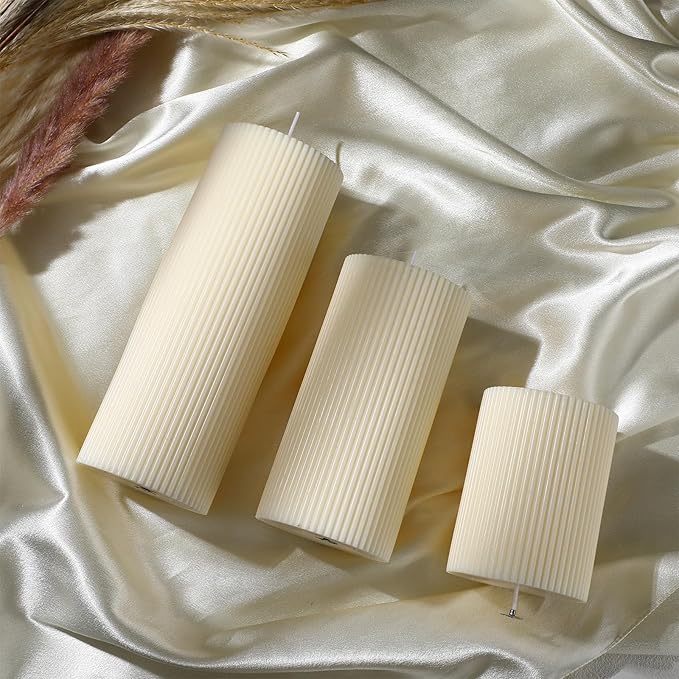 Conelist Ribbed Pillar Candles Set of 3, Width 3" High 4" 6" 8" Large Soy Wax Orchids Scented Pillar Candles Aesthetic Ribbed Modern Home Decor for Bathroom Living Room(Cream)