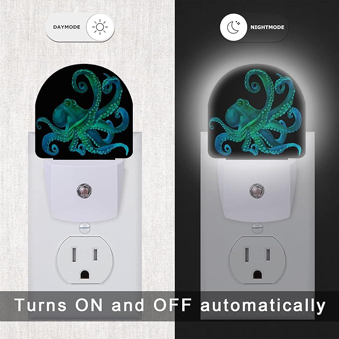 Green Octopus Night Light,Fish Sea Life Plug-in Wall Led Night Lights Decor for Boys Girls Room,Dusk to Dawn Sensor Wall Lamp for Stairway/Hallway/Kitchen,0.5W