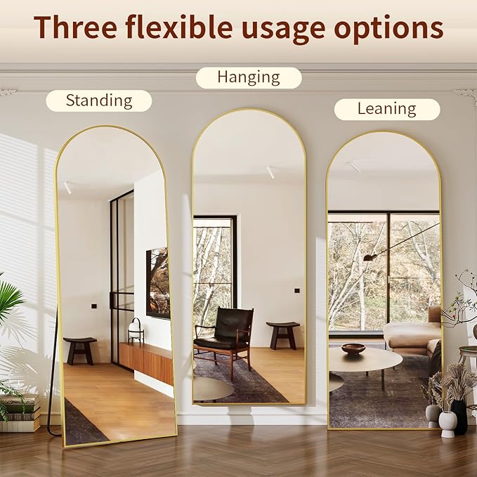 56" x 21" Arch Full Length Mirror - Floor Full Body Mirror with Aluminum Frame - Standing, Leaning or Hanging, for Bedroom, Living Room, Gold