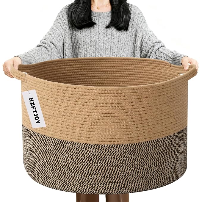 90L Extra Large Blanket Basket,Rope Woven Storage Basket with Handles, Laundry Hamper for Toys, Clothes, Pillows & Towels, Perfect for Living Room, Nursery & Bedroom,Jute&Black