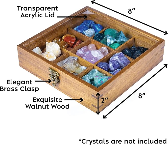 Curawood Rock Display Case - 8" x 8" Rock Collection Box for Kids & Adults - Crystal Holder for Stones Display Shelf with 9 Compartments & Acrylic Lid - Gemstone & Crystal Storage Box Organizer